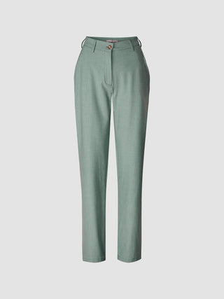 Essential Pants Straight Calm Green Melange – bukser med høy midje, knappelukking, beltestropper og behagelig stretch.
