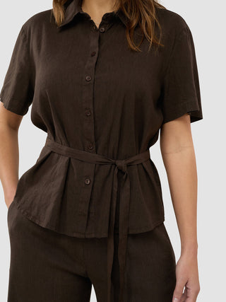 Linen Set Espresso Short Sleeved Shirt & Relaxed Pants