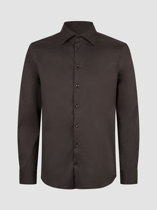 Elevated-skjorte, slim fit, mørkebrun: dresskjorte i mørkebrun Pima-bomull med smal passform, lange ermer og spiss krage.