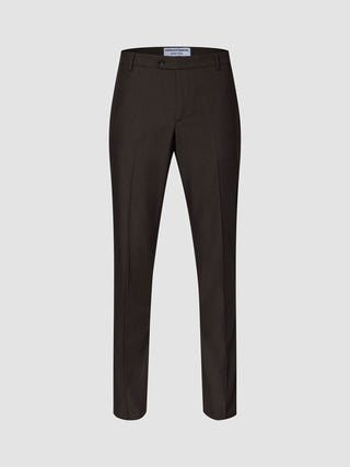 Motion Suit-bukse, Regular, Cognac: mørkebrune bukser med 360°-stretch, midtstrekk og knappelukking i linningen.