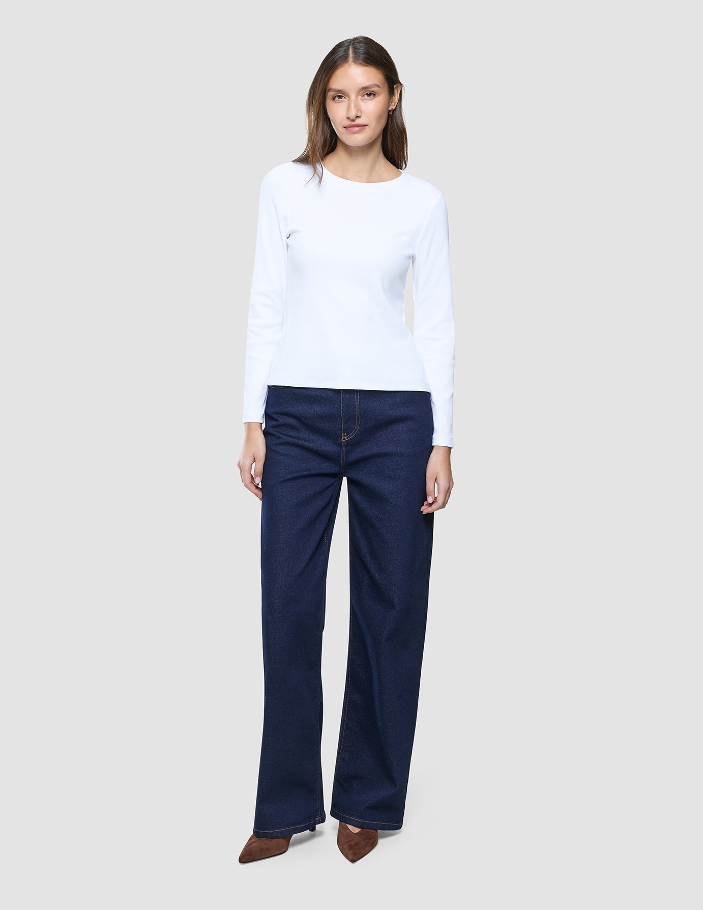 Women Rib T-Shirt Long Sleeve White