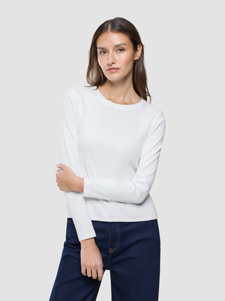 En kvinne kledd i en hvit «Women Rib»-T-skjorte med lange ermer og mørkeblå jeans i skandinavisk stil.