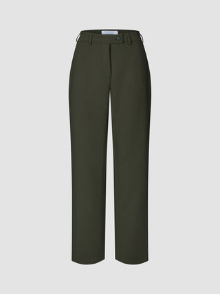 Women GO2 Pants Straight Dusty Olive, en olivengrønn bukse med rett ben, knappelukking og beltestropper.