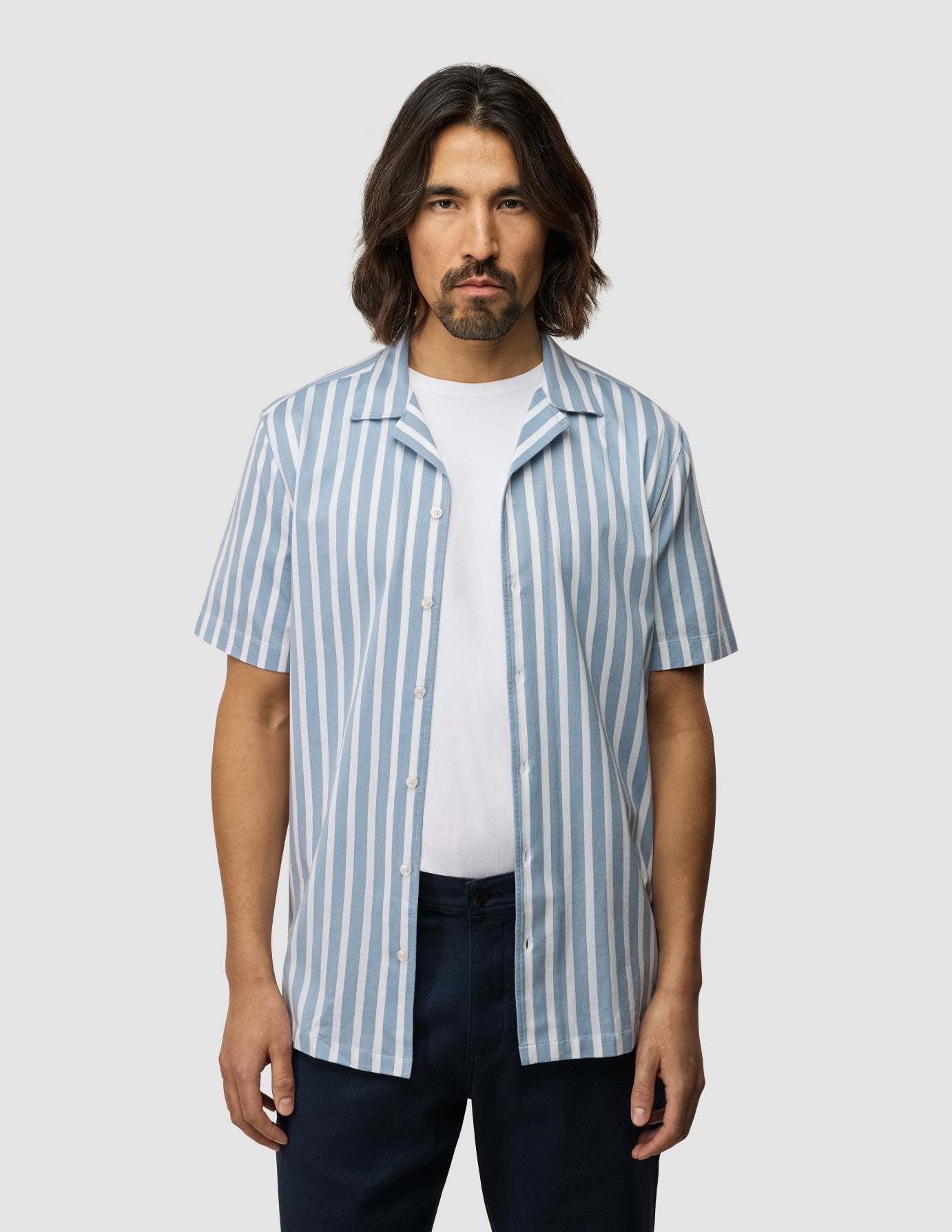 Bowling Short Sleeve Shirt Bold Stripes Light Blue