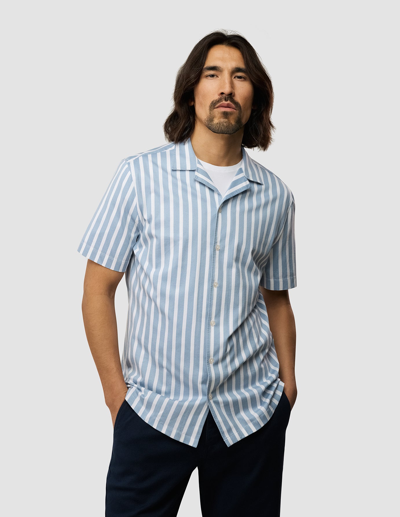 Bowling Short Sleeve Shirt Bold Stripes Light Blue