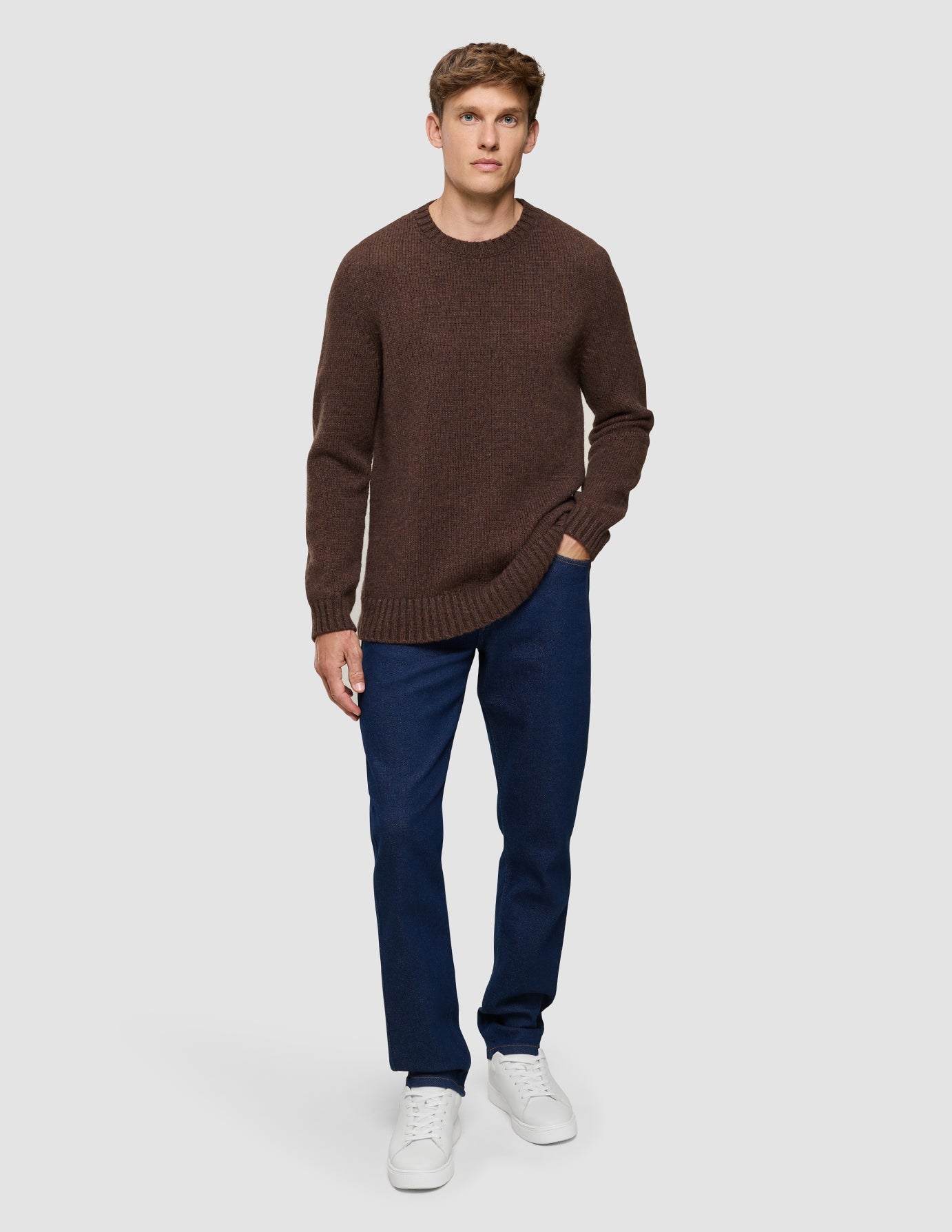 Chunky Soft Wool Knit Crewneck Saddle Brown Melange