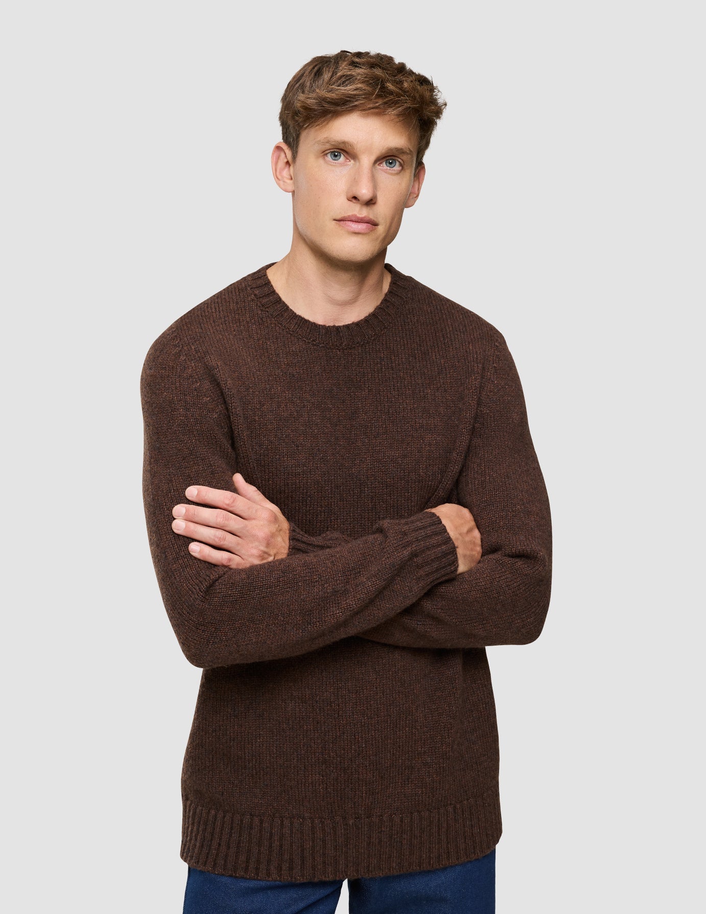 Chunky Soft Wool Knit Crewneck Saddle Brown Melange