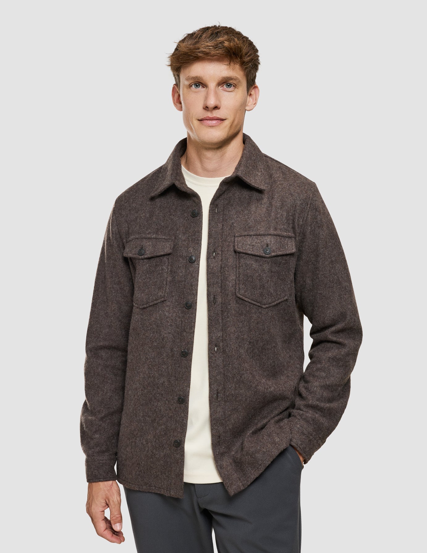 Double Layer Wool Overshirt Saddle Brown