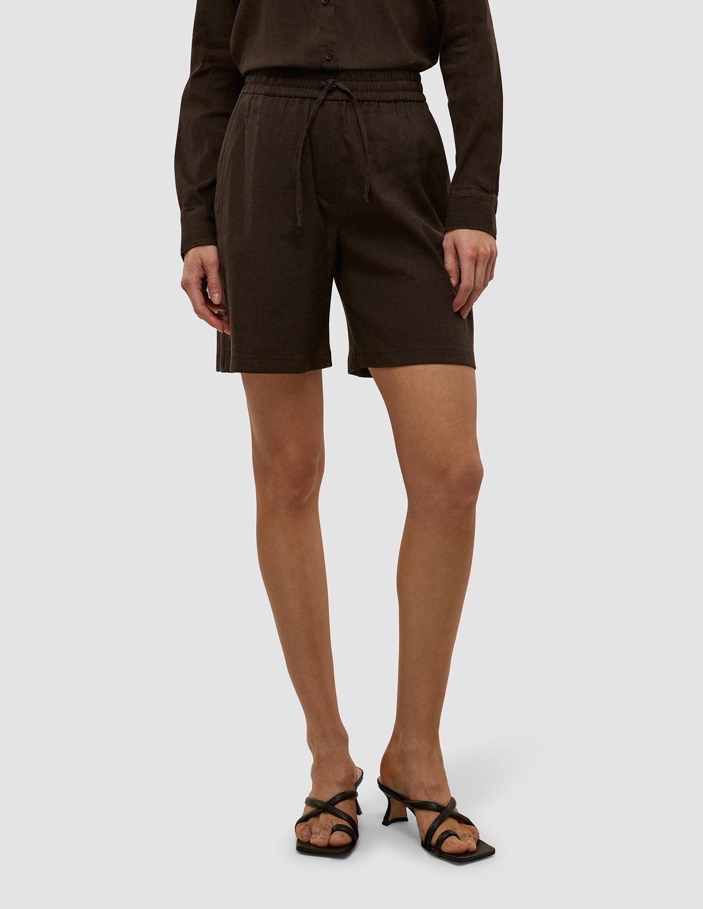 Linen Set Espresso Long Sleeved Shirt & Relaxed Shorts