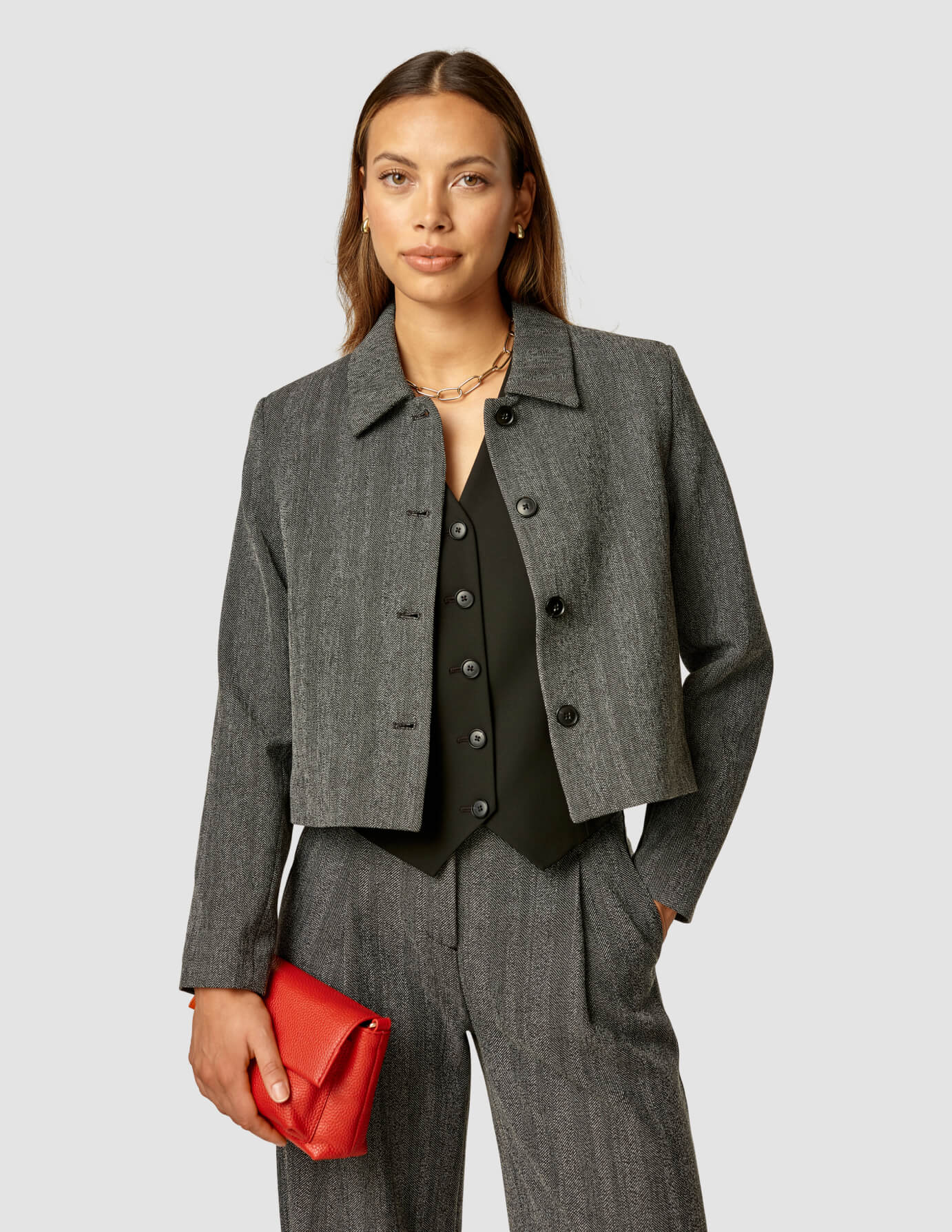 Serene Set Grey Herringbone Short Jacket & Wide Pants
