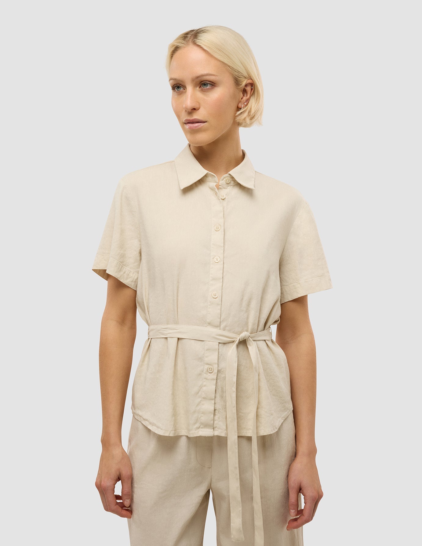 Linen Set Sandy Beige Short Sleeved Shirt & Relaxed Pants