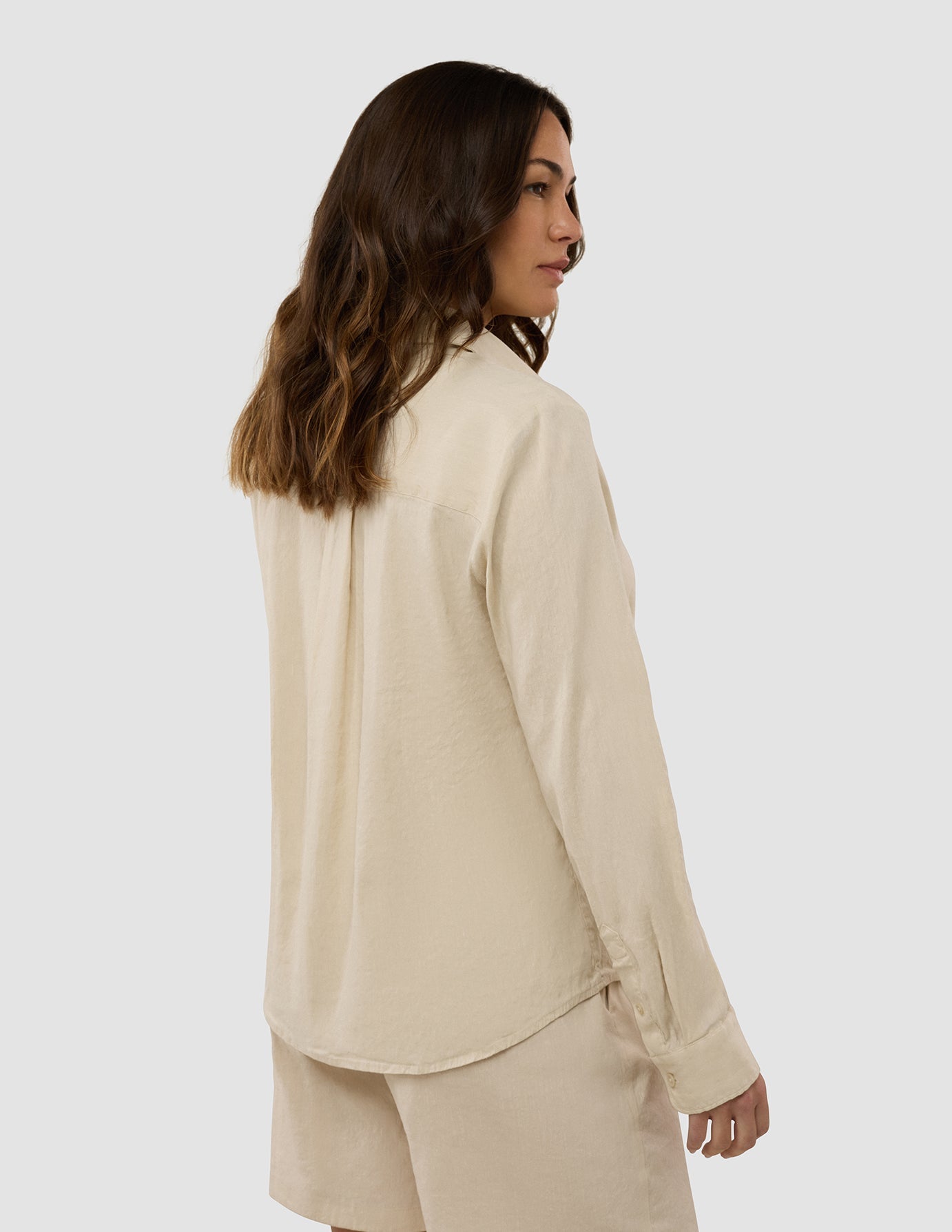 Linen Set Sandy Beige Long Sleeved Shirt & Relaxed Shorts