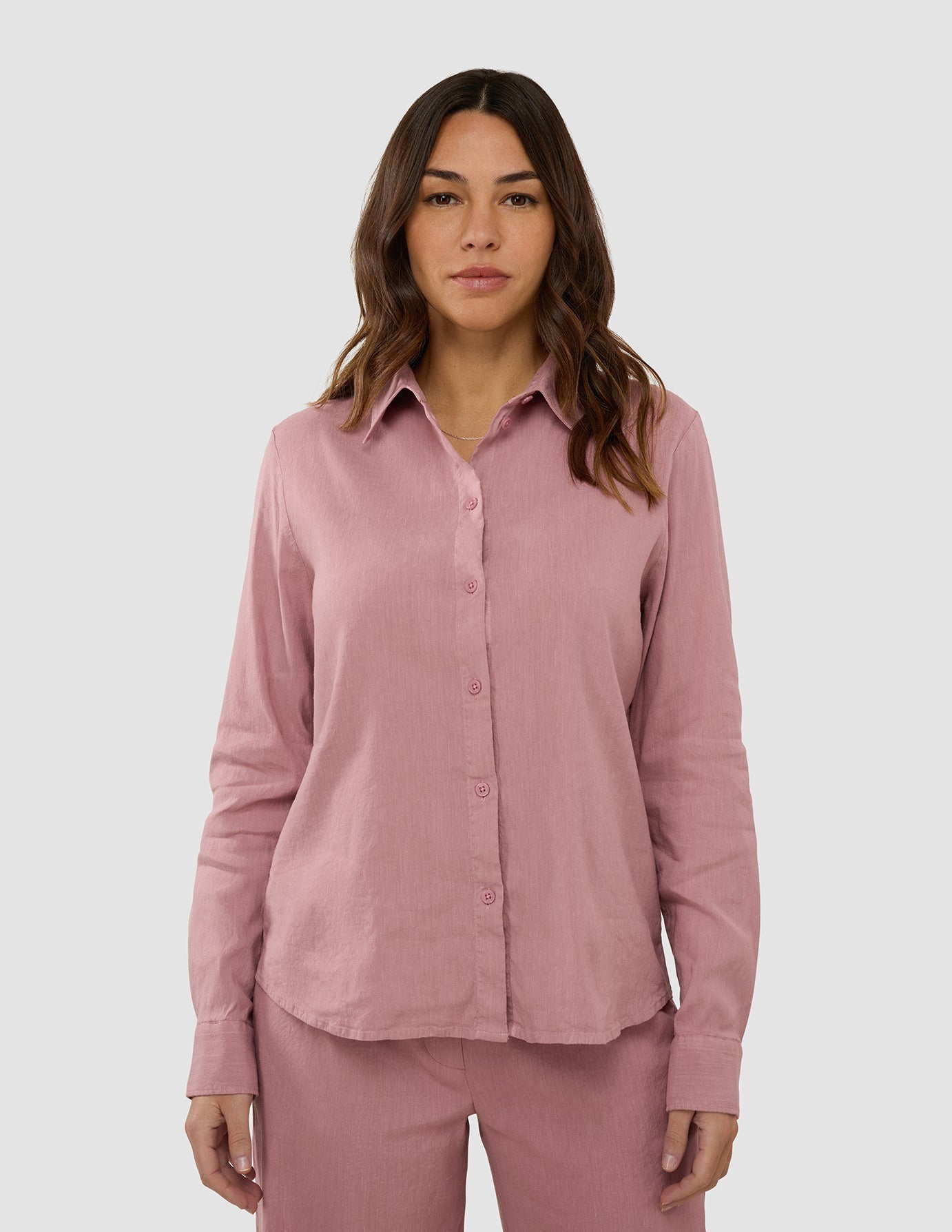 Linen Set Dusty Cerise Long Sleeved Shirt & Relaxed Pants