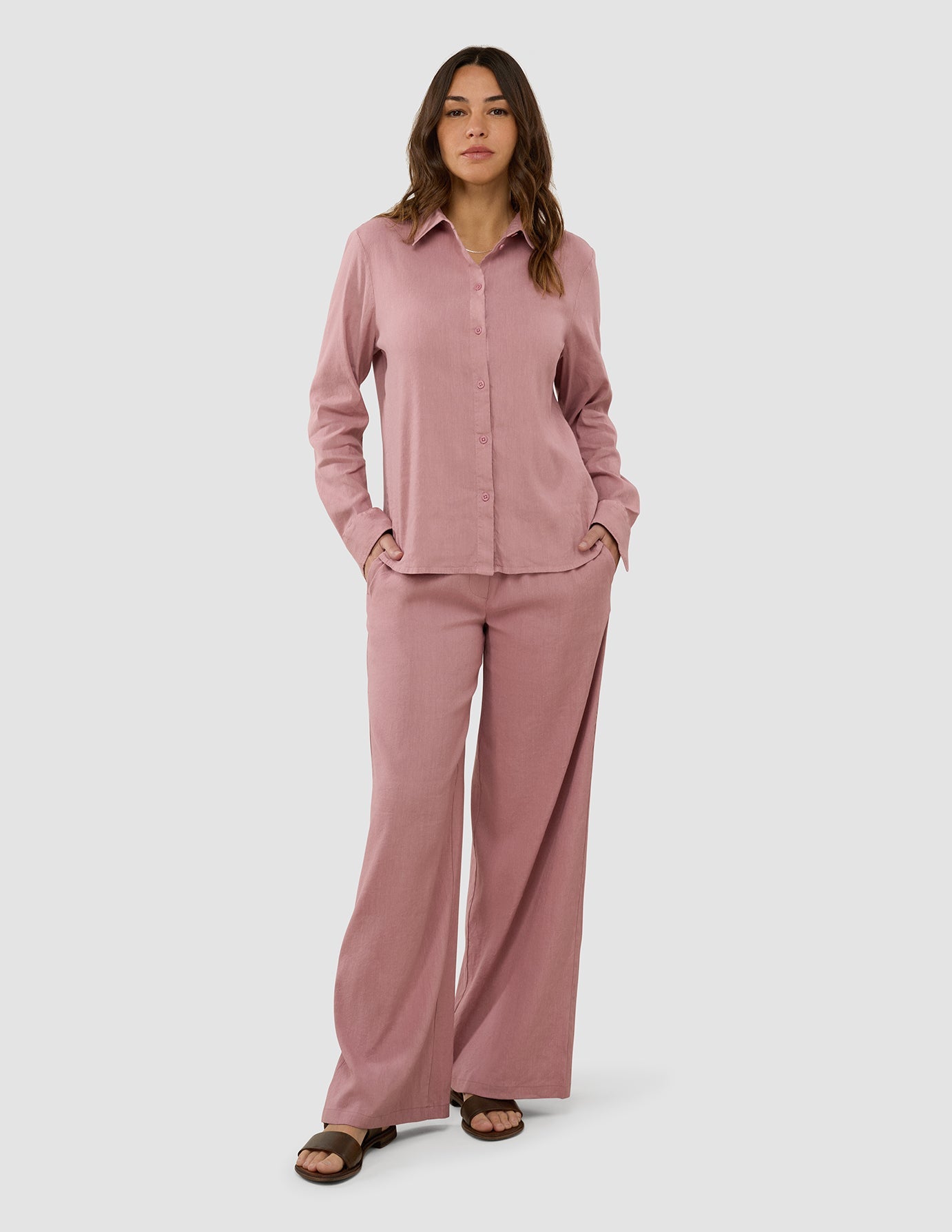 Linen Set Dusty Cerise Long Sleeved Shirt & Relaxed Pants
