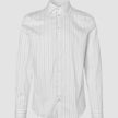 Elevated Shirt Slim – Langermet, lysgrå stripete skjorte med knapper i Pima-bomull, med tynne grå vertikale striper på hvit bakgrunn.