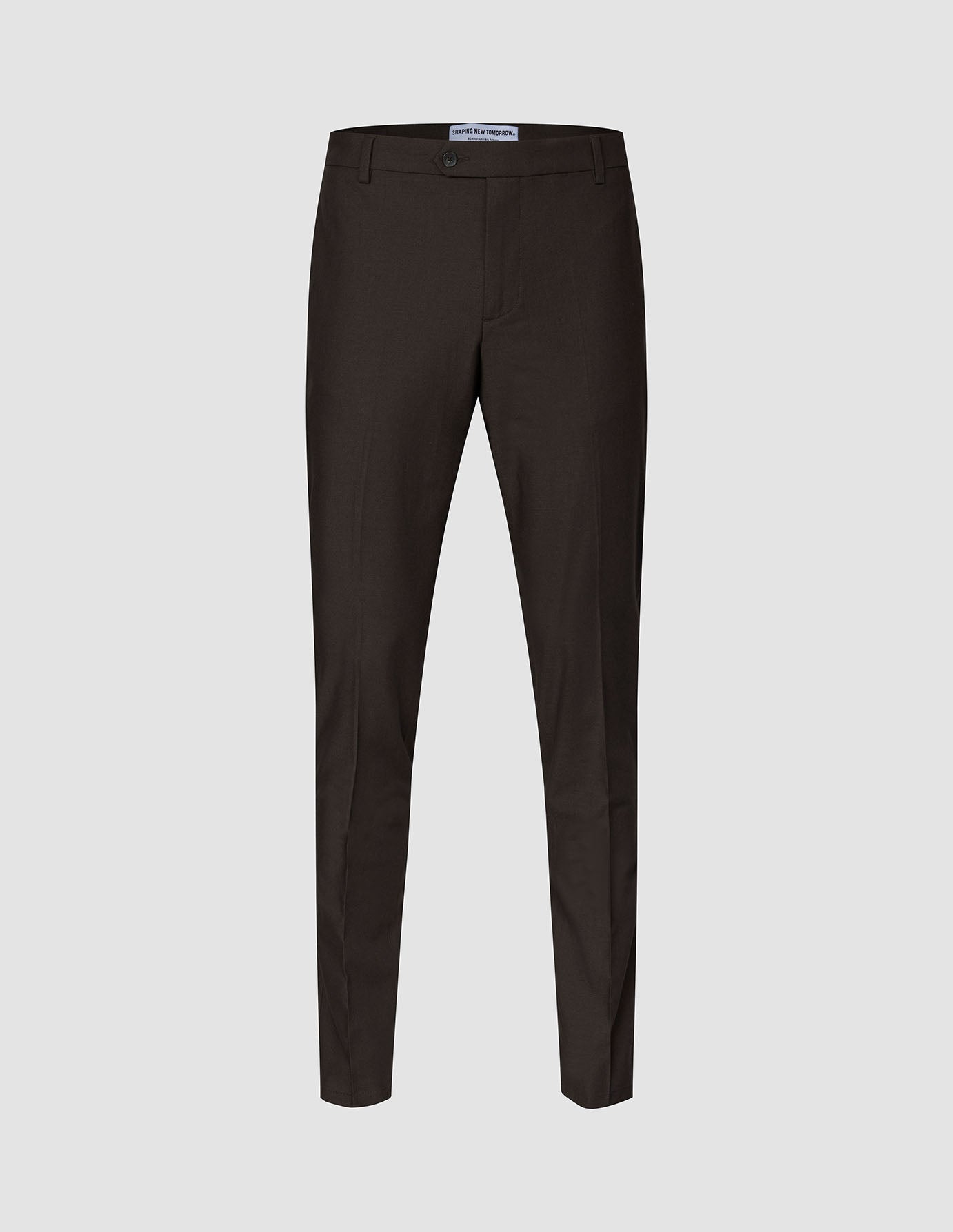 Motion Suit-bukse i modell Slim Cognac i mørkebrunt, med smal passform, 360°-stretch, knappelukking og beltehemper.