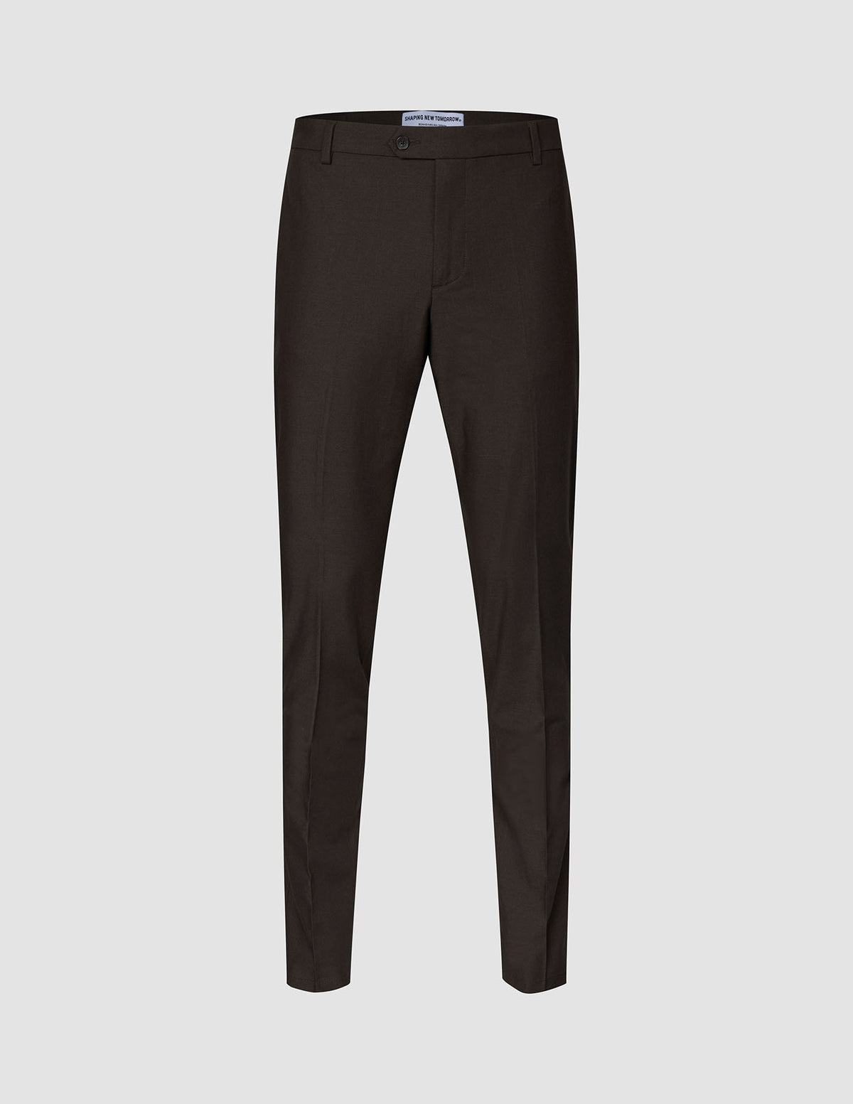 Motion Suit-bukse i modell Slim Cognac i mørkebrunt, med smal passform, 360°-stretch, knappelukking og beltehemper.