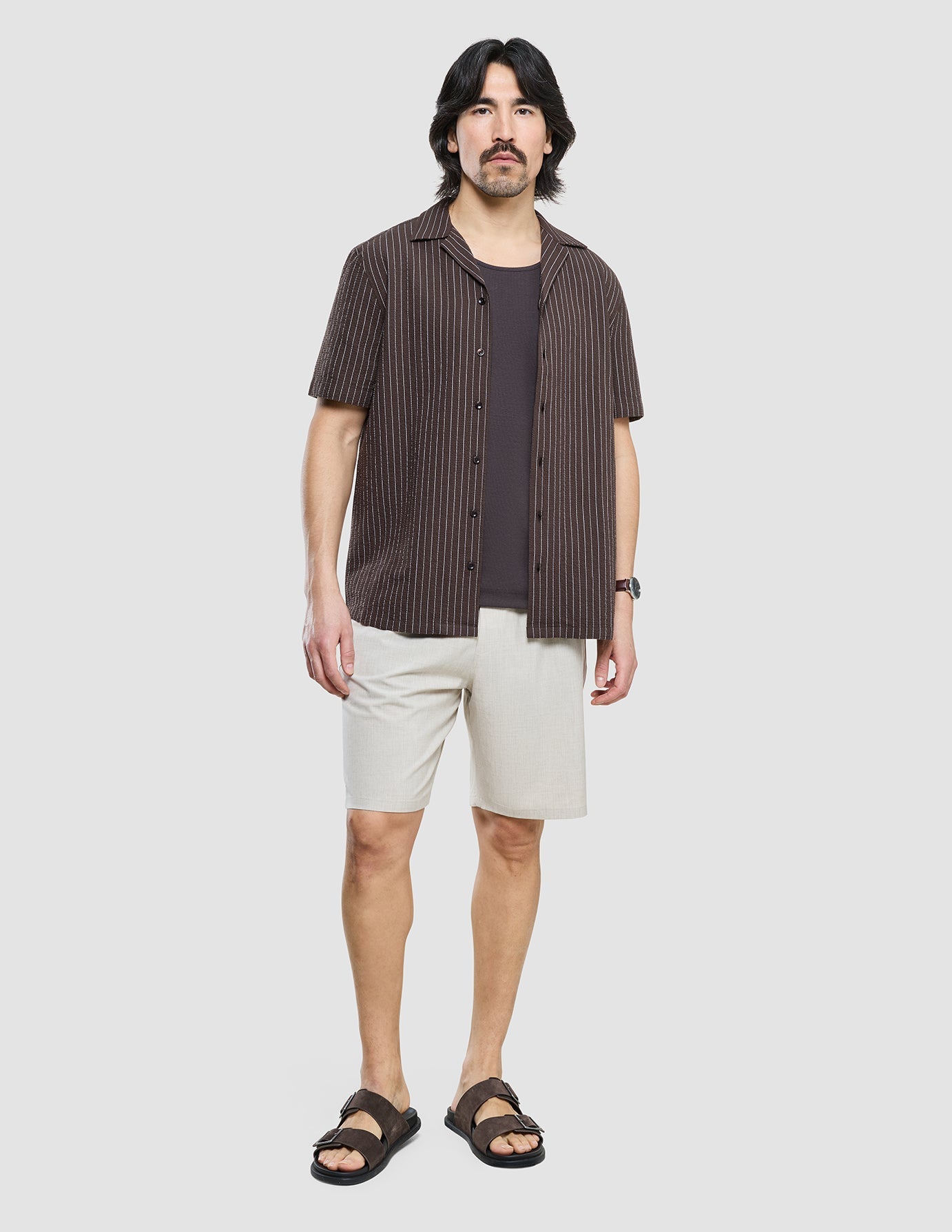 Seersucker Short Sleeve Shirt Cocoa Pinstripes