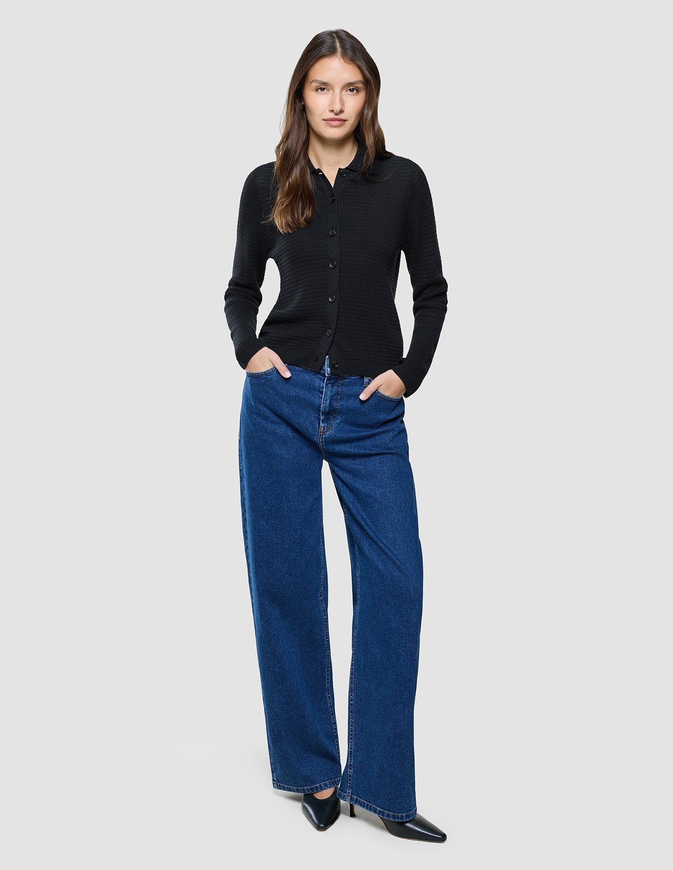 Women Structured Polo Long Sleeve Black