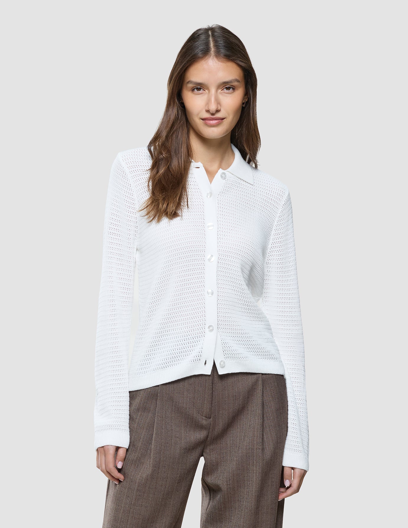 Women Structured Polo Long Sleeve Off White