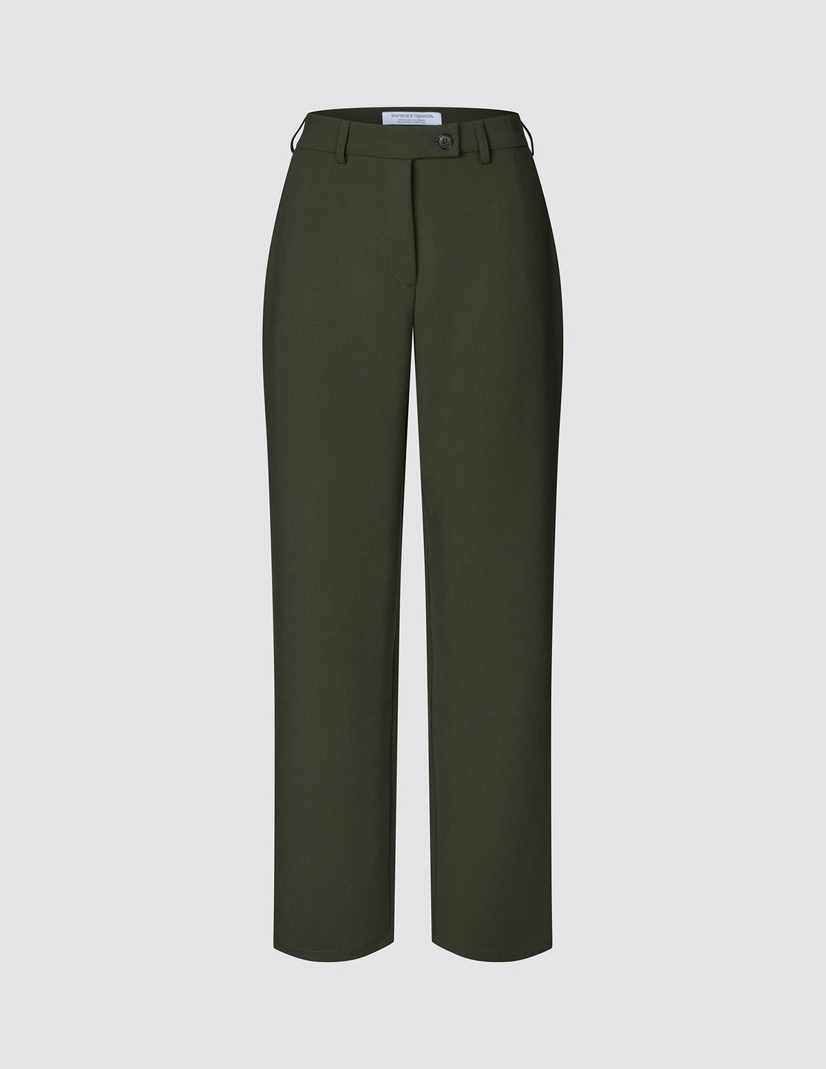 Women GO2 Pants Straight Dusty Olive, en olivengrønn bukse med rett ben, knappelukking og beltestropper.